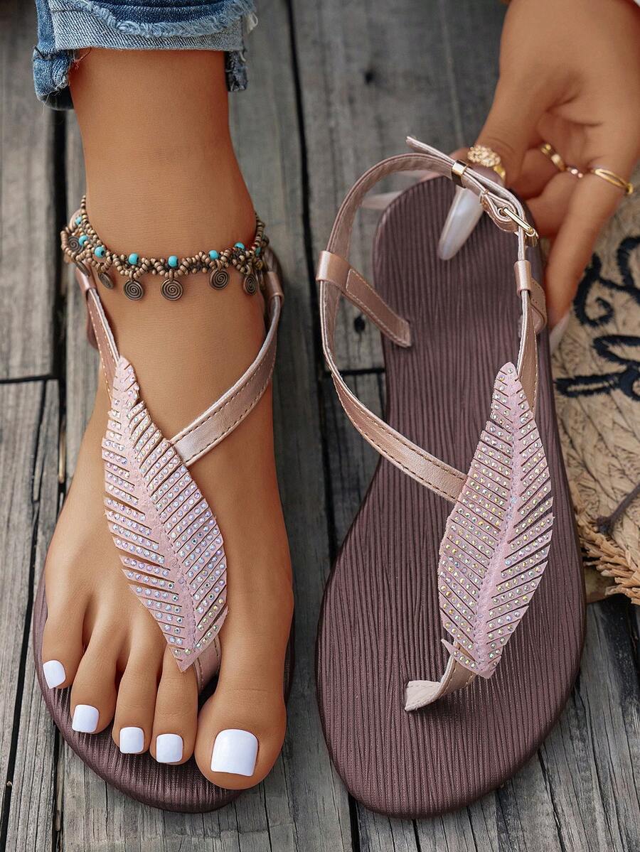 Women's Leaf Rhinestone Decor Thong Sandals, Flat, Fashion, Elegant, Comfortable, Versatile, Suitable For Walking, Home