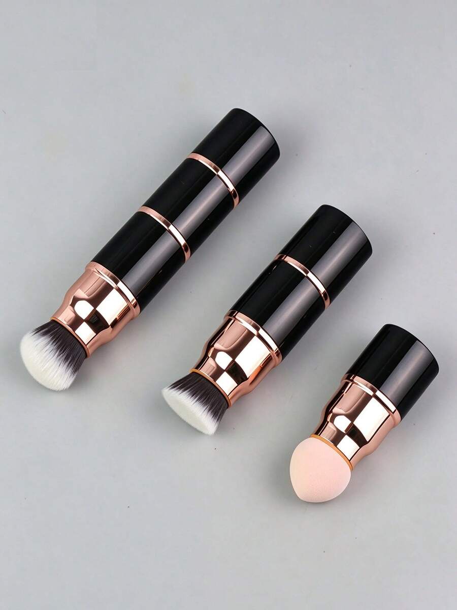 3-In-1 Makeup Brush, Multi-Functional Facial Makeup Tool, Includes Foundation Brush, Blending Brush And Makeup Sponge, Retractable Portable Makeup Brush, Suitable For Foundation, Concealer And Powder, Women's Travel Beauty Tool