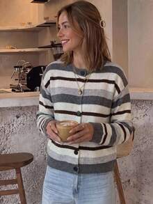 Women's Striped Knit Cardigan, Button Front, Long Sleeve Round Neck, Regular Fit, Medium Stretch, Autumn/Winter Casual Knit Sweater - Multicolor - View 5
