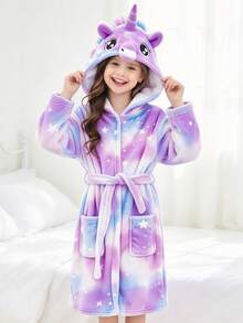 Tween Girl Purple Starry Sky Unicorn Long Sleeve Hooded Pajamas Bathrobe - Multicolor - View 9