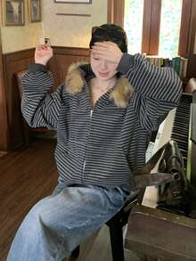 Autumn/Winter American Style Lazy Loose Hooded Striped Brushed Fleece Zip-Up Jacket With Fur Collar - Grey - View 6