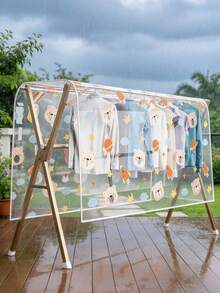 1pc Outdoor Clothes And Blanket Drying Cover - Waterproof Bird-Proof EVA Plastic Dust Cover, With Double-Pole Balcony Frame, No Power Required For Clothes Storage And Drying, Multi-Purpose Rectangular Design, Balcony Storage Rack, Playful Pattern Design, Sturdy Pole Support, Suitcase - Multicolor - View 5