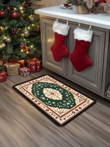 1pc Christmas Green Bohemian Floral Pattern Kitchen Mat, Soft Touch Absorbent Home Entrance Hallway Rug, Easy To Clean Washable Area Rug, Kitchen Runner Carpet, Suitable For Kitchen, Bathroom, Entrance, Laundry Room, Hallway, Bedroom, Living Room Decor, All Season, Great Gift - View 5