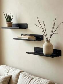 2Pcs Minimal Black Metal Floating Wall Shelf, One‑Piece Iron Wall Mount Display Rack, Raised Lip Edge Storage Shelving For Bedroom Bathroom Kitchen Home Decor - Multicolor - View 4