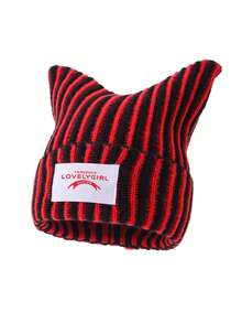 1pc Men's Fashion Versatile Striped Letter Patchwork Horn Knit Beanie Hat, Warm Woolen Cap For Autumn/Winter Daily Wear And Outfits - A - View 10