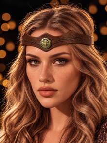 1PC Vintage Medieval Brown PU Leather Renaissance Elf Crown With Antique Gold Deer Medallion, Fantasy Cosplay Costume Headpiece - A - View 2