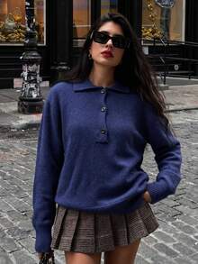 JustMiss Women's Thick Knit Sweater With Turn-Down Collar, Button-Up Half-Open Front, Long Sleeve, Solid Color, Minimalist Preppy Casual Commuter Style, Autumn/Winter - Navy Blue - View 1