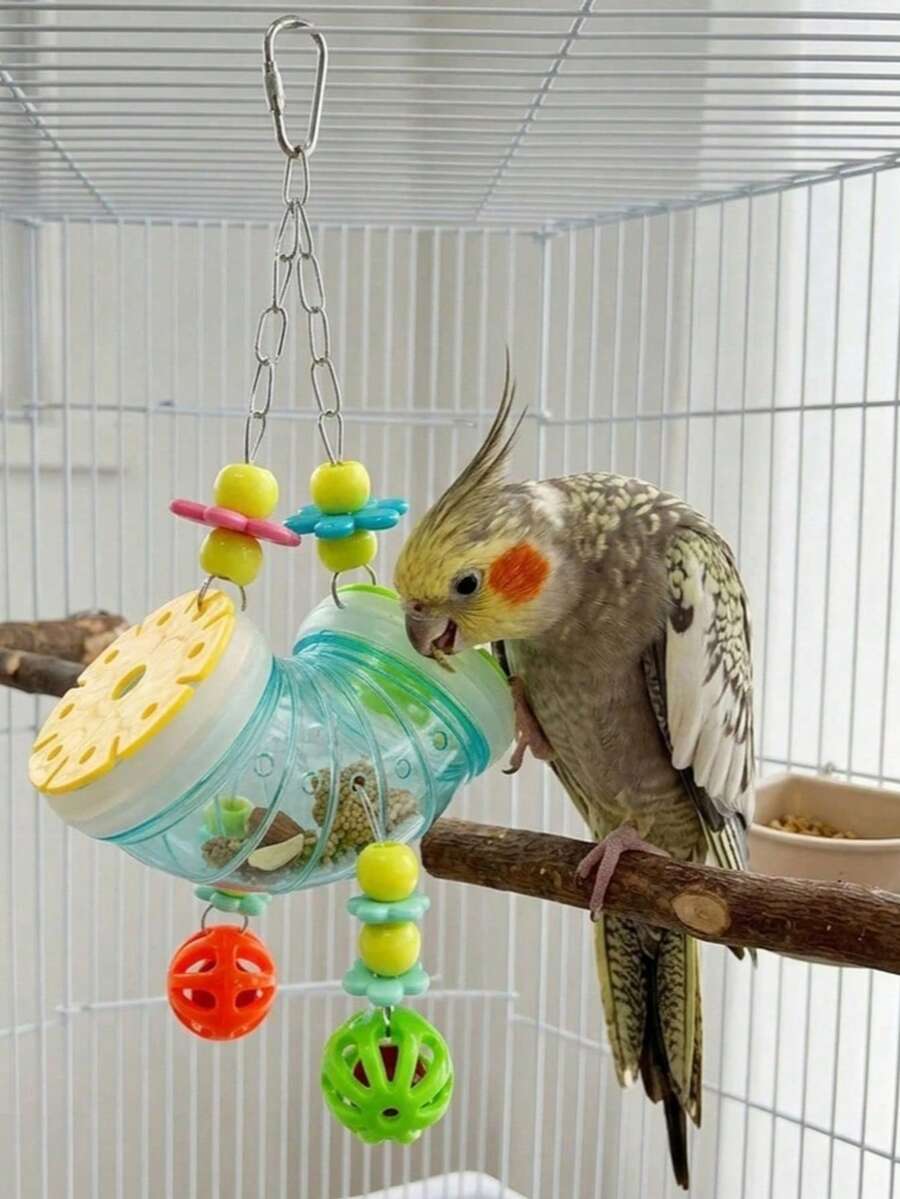 Parrot Hanging Foraging Toy With Transparent Container For Snacks And Grains, Includes Colorful Chewing Beads, Cage-Mounted Interactive Puzzle Toy For Cockatiels, Budgies, Lovebirds And Other Small Pet Parrots, Exercising Foraging Instincts And Relieving Boredom