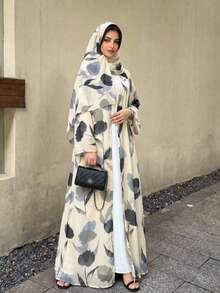 Hafizah Elegant Conservative Floral Print Long Sleeve Robe & Headscarf Fall - Apricot - View 6