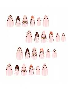 24Pcs Fall Thanksgiving Press On Nails,Medium Almond Shape,Nude Pink Base,Hand‑Painted Black Bow,Lace Line,Polka Dot & Plaid Detail Reusable False Nails - Brown - View 4