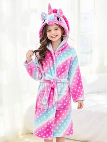Tween Girl Pink Polka Dot Starry Sky Unicorn Design Hooded Robe - Multicolor - View 2