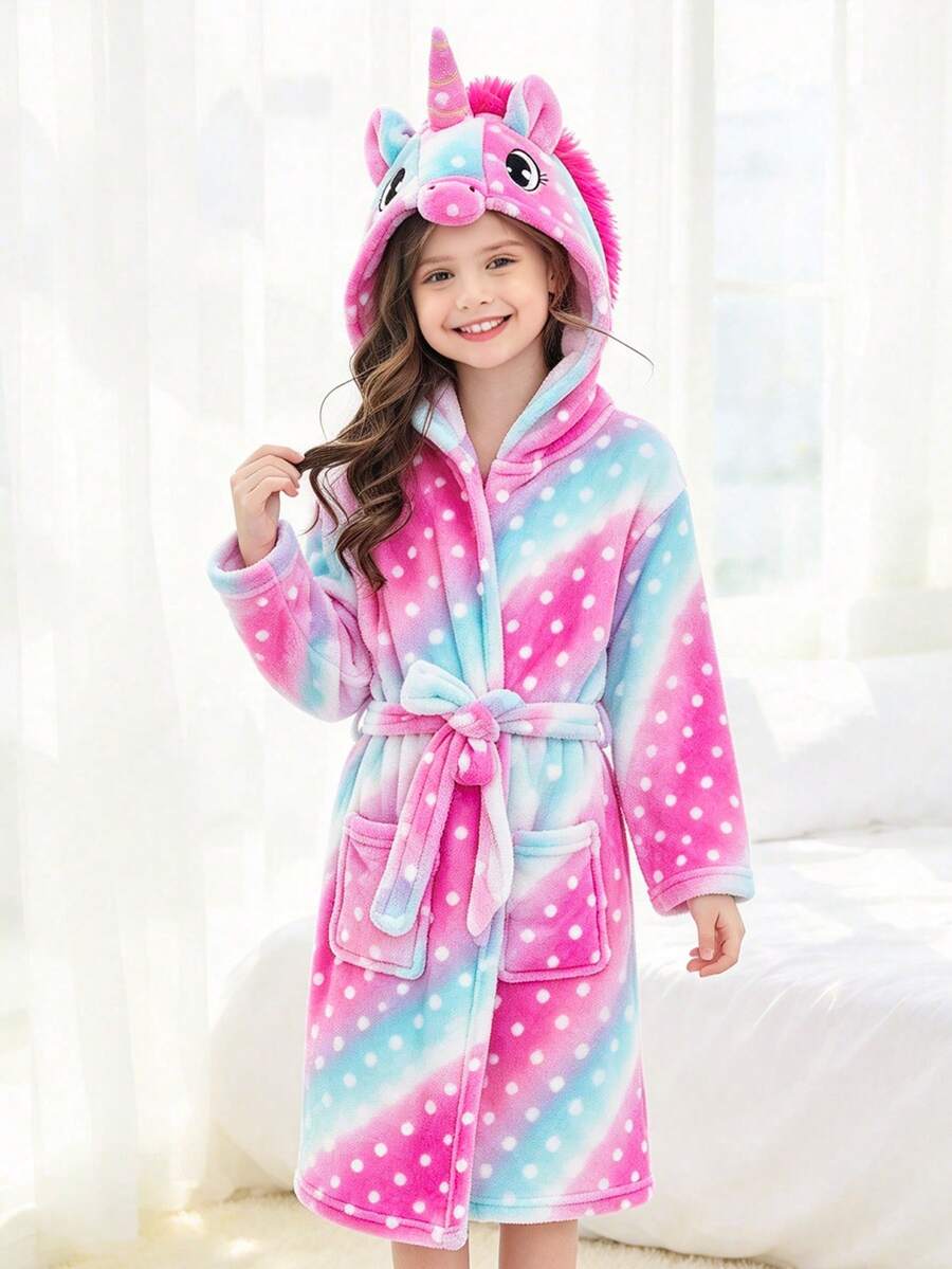 Tween Girl Pink Polka Dot Starry Sky Unicorn Design Hooded Robe