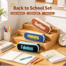 Jianxu American Style Colorblock Letter Canvas Pencil Case, Large Capacity Student Stationery Bag, Minimalist Stationery Storage Pouch - L - View 1