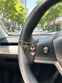 1pc Bowknot Decorated Steering Wheel Charm, Gold Chain White & Pink Bikini Enamel Pendant, Cute Car Interior Accessory Gift For Women & Girls - A - View 3