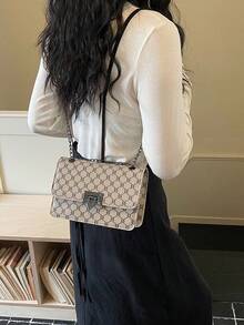 Women's Crossbody Bag, Monogram Canvas Flap With Gunmetal Chain, Turn-Lock Closure, Vintage Chic For Daily Wear, Party & Dating - Khaki - View 9
