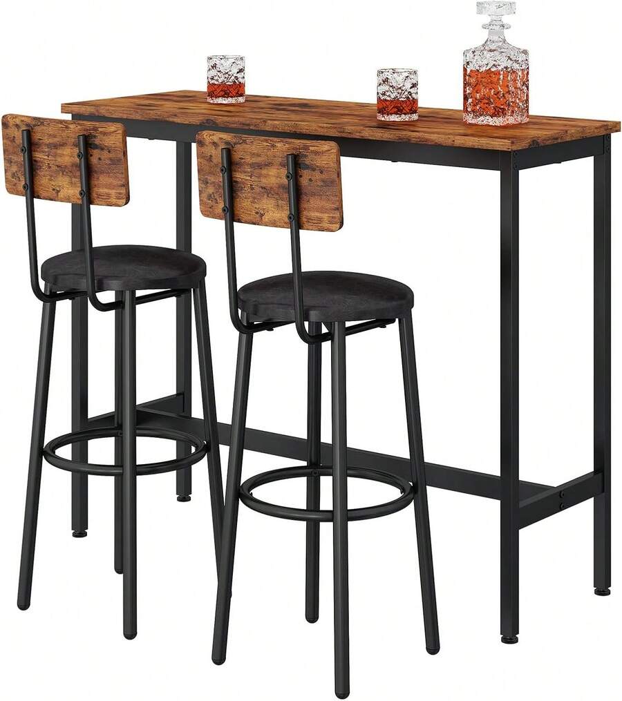 Juego de mesa bar de 3 piezas, mesa alta industrial con 2 taburetes con respaldo, conjunto de desayuno rústico de madera e hierro para cocina, sala de estar y zona de bar - Café integral - Ver 1