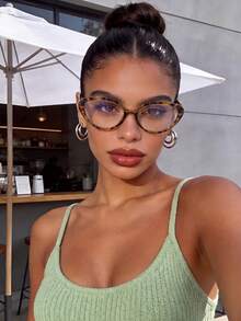 1 Pair Women's Cat Eye Shaped Contrast Color Personalized Fashion Plain Lens Glasses, Suitable For Daily Life, Office, Watching TV, Playing Games, Phone Decoration - Multicolor - View 1
