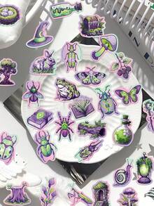 50pcs Green & Purple Forest Stickers For Planner, Diary, Envelope, Greeting Card, Luggage, Phone Case, Skateboard, Tablet, Guitar, Sealing, Party Gift - Multicolor - View 1