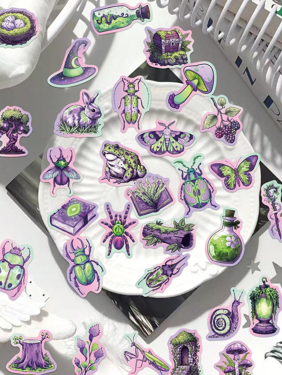 50pcs Green & Purple Forest Stickers For Planner, Diary, Envelope, Greeting Card, Luggage, Phone Case, Skateboard, Tablet, Guitar, Sealing, Party Gift - Multicolor - View 1