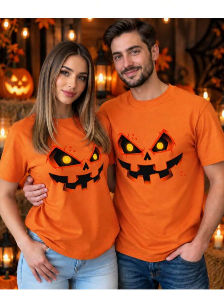 Homme Camiseta de manga corta de cuello redondo casual con estampado de linterna de calabaza de estilo americano para Halloween y ribete de contraste para hombres - Mostaza Amarilla - Ver 1