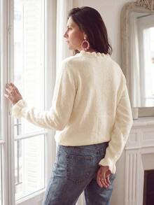 Women's Solid V-Neck Ruffle Trim Button Fall/Winter Casual Chic Elegant Versatile Long Sleeve Knit Cardigan – Daily Street Soft Vibe Wear - White - View 8