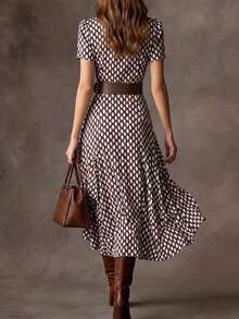 Elegant Women's A-Line V-Neck Short Sleeve Flared Midi Dress, Spring Summer Autumn Fashion Choice, High-End Women's Dress - Brown - View 4