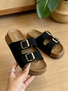 Women's Double Buckle Adjustable Strap Thick Sole Slides, Black Casual Commute Versatile Slip-On Comfortable Slouchy Shoes - Black - View 1