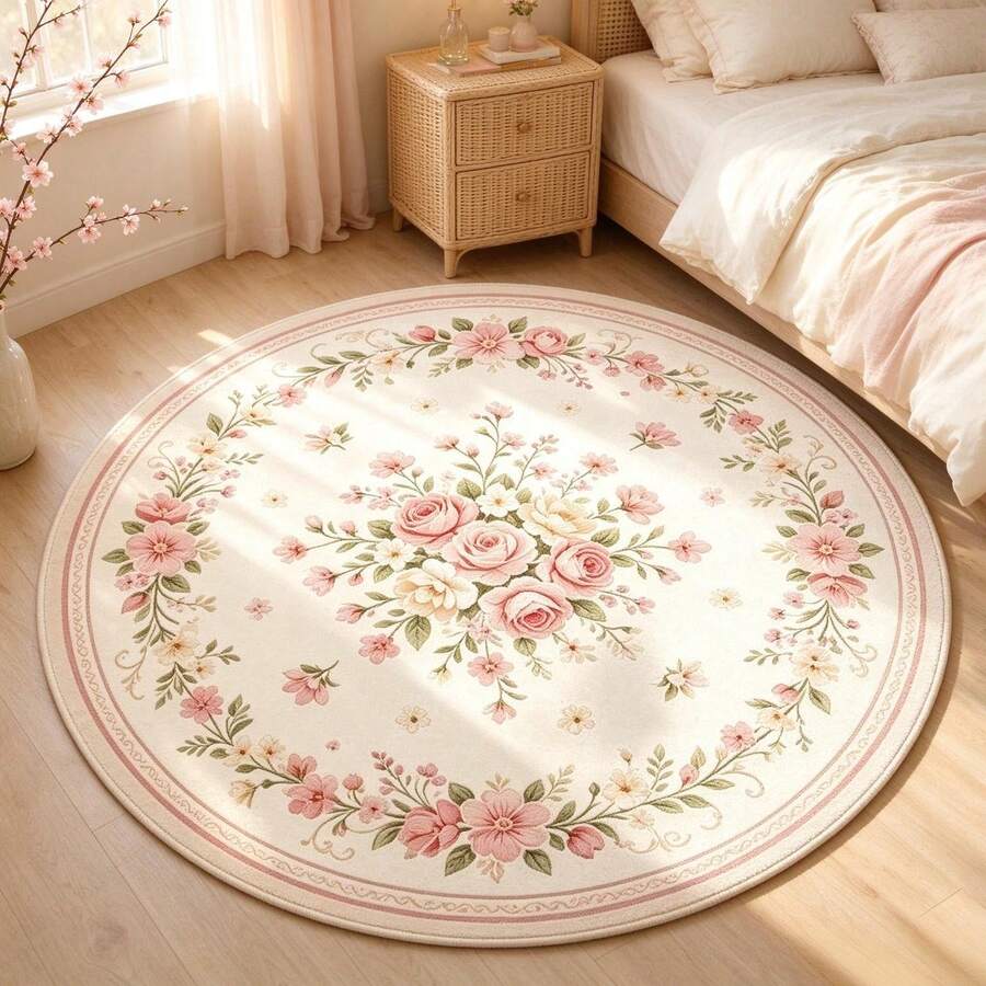 1pc Round Pink Floral Rug, Soft And Comfortable Bedroom Carpet, Washable Rug, Suitable For Front Door, Entrance, Hallway, Kitchen, Bedroom, Dorm, Dining Room, Skin-Friendly Carpet, Living Room Rug, Sofa Seat Rug, Area Rug, Creative Versatile Home Decor Carpet, Large Living Room Carpet, Bedroom Carpet, Dressing Room Carpet, Room Decoration Supplies, Gift For Family And Friends - Multicolor - View 1