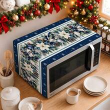 2DFLAT 1pc Blue Christmas Microwave Dust Cover, Silver Bell White Poinsettia Snowflake Border Kitchen Appliance Dust Cover Cloth - Multicolor - View 1