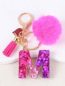 1pc Letter Keychain With Heart Pendant, Cute Rose Red Pom Pom Tassel Key Chain Decoration - Multicolor - View 27