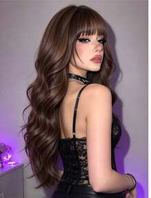 Pelucas sintéticas para mujer, cabello ondulado natural. Peluca negra larga rizada con flequillo,Pelucas Largas Rizadas con Flequillo para Mujer, 28 Pulgadas,Fibra Sintética Kanekalon Resistente al Calor, Cabello Ondulado Natural Negro/Marrón, sin enredos ni mal olor, para uso diario, cosplay, lolita y fiestas - Marrón - Ver 3