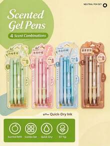 1/4pcs Fruity Scented Retractable Neutral Pens, Quick-Dry Black Ink Ballpoint Pens With Soft Rubber Grip, Gradient Macaron Color Student Stationery Gift Set For Exam Practice And Journaling, Office And School Supplies - Sets - View 1
