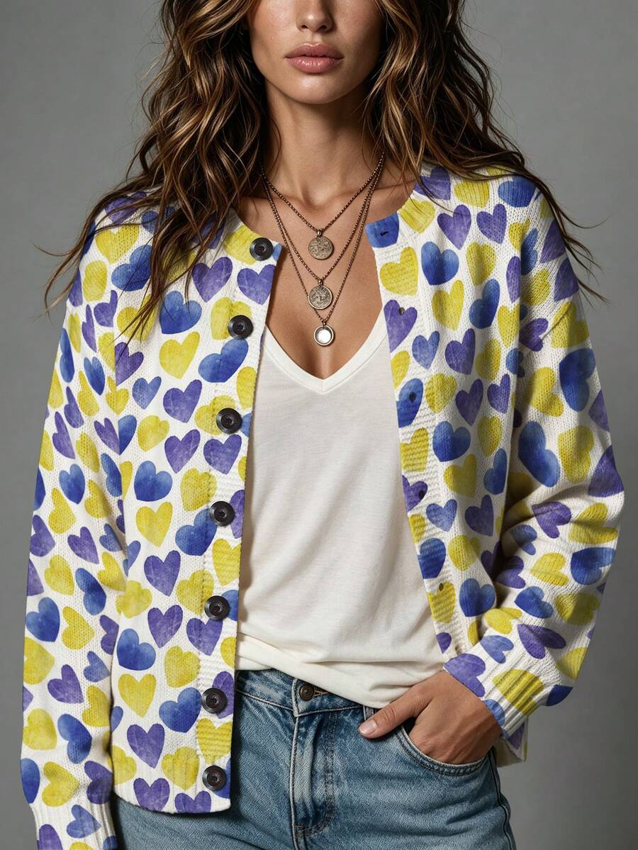 ASHKATIA Women's Plus-Size Vintage Cardigan Sweater, Filled With Love,Fall Winter Knit For Social Occasions - Multicolor - View 1