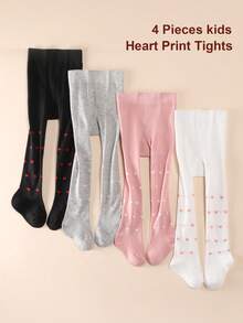 4 Pairs Girls Heart Print Tights, Soft Elastic Children's Leggings, Multi-Color Daily Versatile Style - Multicolor - View 11