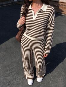 Women's Casual Striped Colorblock Long Sleeve Top & Pants 2 Pieces Set - Coffee and White - View 6