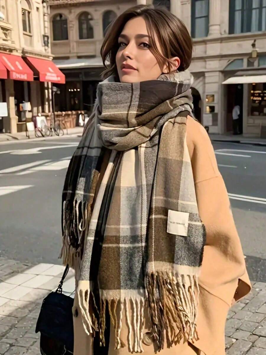 1件女款格子圍巾,棕色駱駝黑格紋,柔軟保暖長流蘇,男女通用冬季圍巾,冬季禮物 - 彩色 - 查看 1