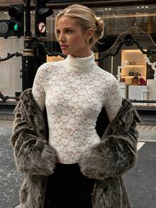 VIVINA Women's Elegant Apricot Lace Bodysuit, Long Sleeve High Neck Design, Semi-Sheer Fabric For Fall/Winter, Suitable For Layering In Fall/Winter And Wearing As Outerwear/Innerwear In Spring/Summer, Perfect For Daily/Date/Travel/Vacation/Home/Party. Simpleoutfit, Winterfashion, Falloutfits, Highfashion - Apricot - View 8