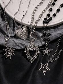5pcs Gothic Cool Metal Black Oil Drip Hollow Heart Rhinestone Star Spiral Sun Pendant Layered Necklace Set For Men Dark Street Style Daily Wear - Silver - View 5