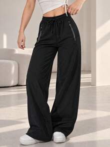 Women Black Wide Leg Sweatpants Zipper Pockets Drawstring Elastic High Waist Loose Fit Casual Athletic Lounge Pants - Black - View 10