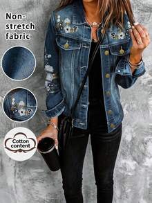 Floral Embroidery Women's Single Breasted Casual Denim Jacket, Autumn Spring Vacation - Light Wash - View 3