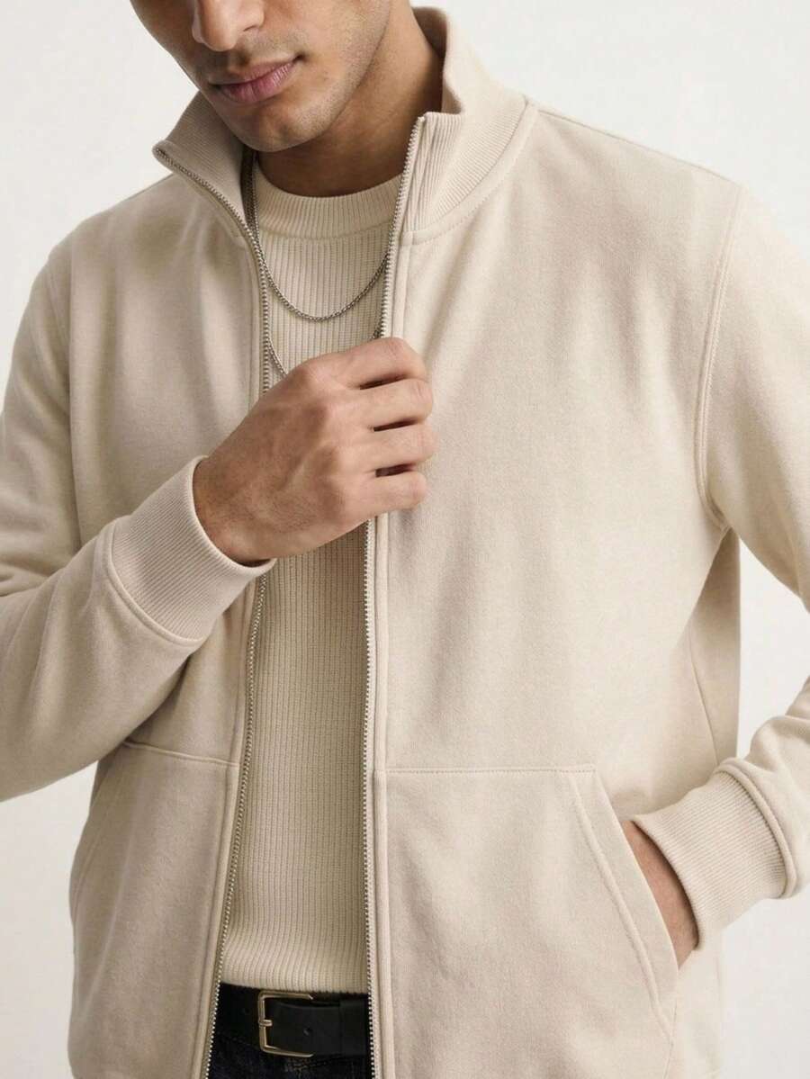Men's Solid Color Zip-Up Casual Versatile Daily Cardigan - Beige - View 1