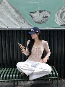 Lace Patchwork Contrast Color Bow Long Sleeve T-Shirt, Versatile Sweet Slimming Women's Top - Pink - View 4