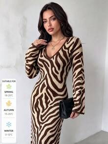 SUNSTORY Women's Autumn/Winter Fashionable V-Neck Zebra Print Knit Sweater Dress, Suitable For Commuting, Street Style, Dating, Evening Party, New Year's Eve - Multicolor - View 7