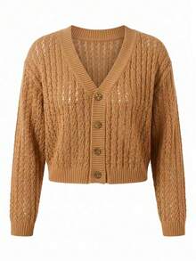 Women's Plus Size Cropped Knit Cardigan With Long Sleeves And Button Detail. Perfect For Fall Women's Casual Wear. - Mustard Yellow - View 3