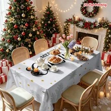 1件裝聖誕主題桌布，銀色雪花、金銀球飾、金色星星與手寫「Merry Christmas」文字，適用於廚房餐桌布置、餐廳裝飾、野餐露營桌面佈局、派對場景營造、農舍風裝飾、節日氛圍提升與日常桌面美化 - 彩色 - 查看 6