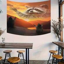 1pc Raccoon Sunset Mountain Landscape Print Tapestry, Polyester Fiber Wall Hanging, Bedroom, Living Room, Dorm, Home Decor - Multicolor - View 5