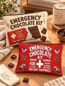 "Emergency Chocolate" Slogan Storage Bag/Travel Toiletry Bag, Zipper Closure, Suitable For Travel, Business Trip, Vacation And Camping - Multicolor - View 3