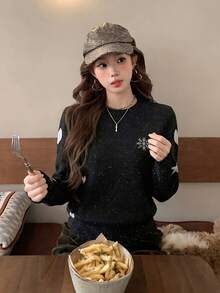 Korean Style Sweet Cute Snowflake Star Heart Jacquard Long Sleeve Knit Sweater Women Autumn Winter Loose Round Neck Thick Pullover Top, Winter Christmas Snowy Day Outfit - Black - View 2