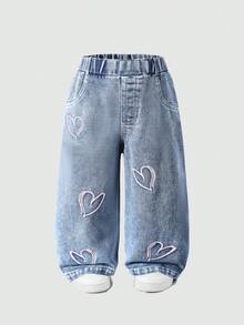 Baby Girls Elastic Waist Heart Pattern Straight Leg Denim Jeans - Blue - View 2