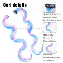 8 PCS Pastel Blue Purple Ombre Clip-In Hair Extensions, 22 Inch Straight & Curly Synthetic Hair Strands, Colorful Clip-On Hair Pieces For Women, Y2K Style For Party, Halloween Cosplay, Music Festival - Multicolor - View 8